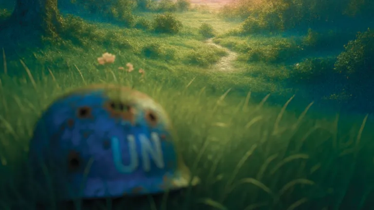 An artistic rendering of a blue UN helmet laying in grassy field.