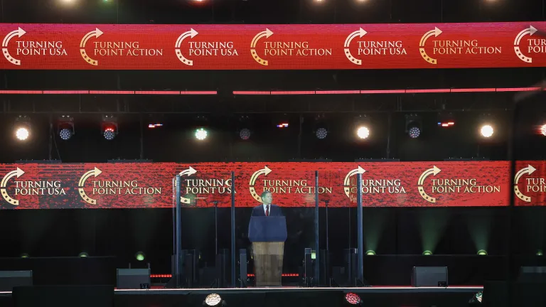 U.S. Secretary of State Marco Rubio speaking at the Charlie Kirk memorial in Glendale, Arizona on Sept. 21, 2025.