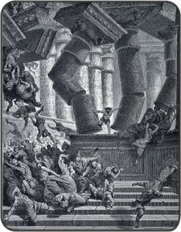 Samson pushing the temple pillars down.